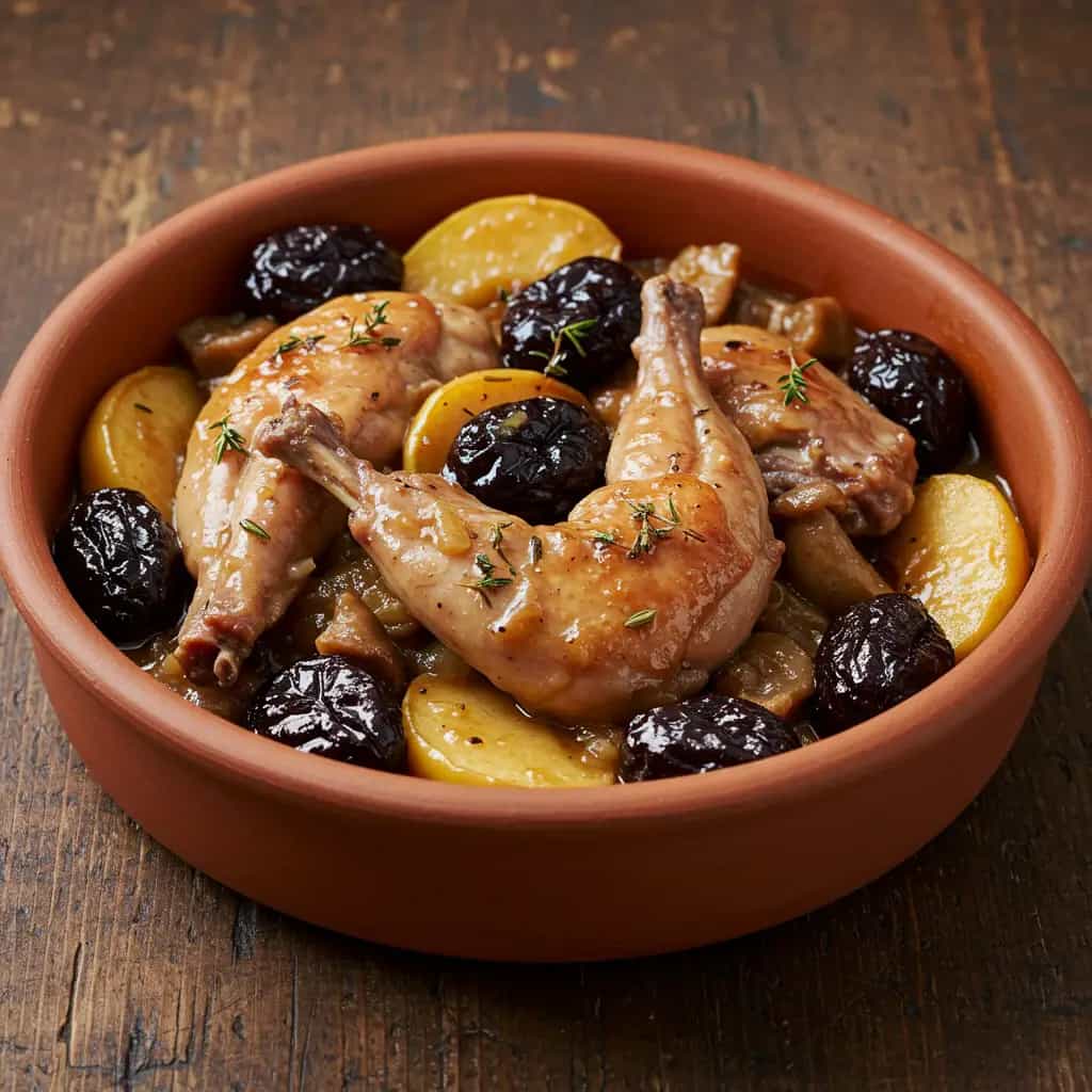 Coelho ao Vinho Branco com Ameixas e Cogumelos