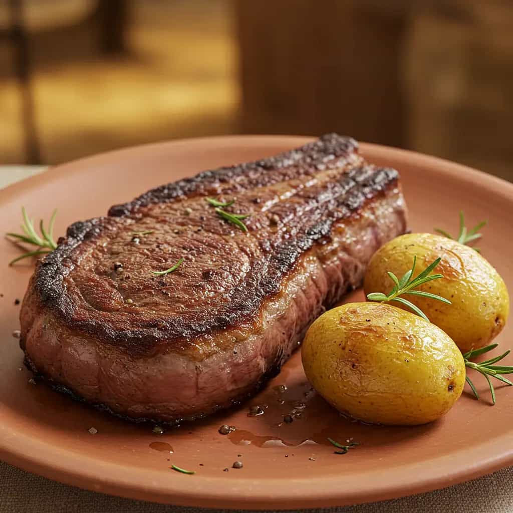 Contrafilé com Batatinhas ao Alecrim e Tomates Cereja