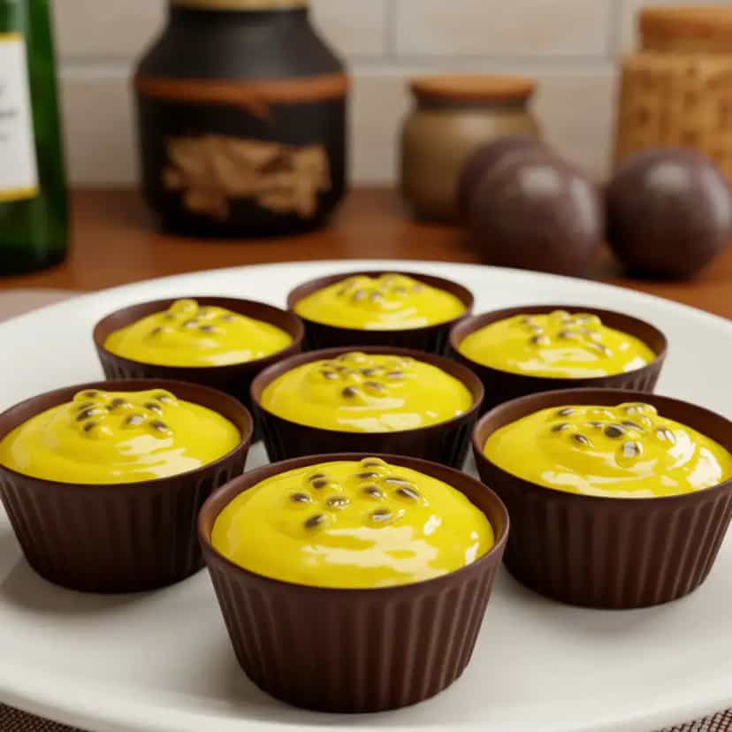 Foto deliciosa de Copinhos de chocolate com Mousse de Maracujá pronta para servir - Outras Receitas