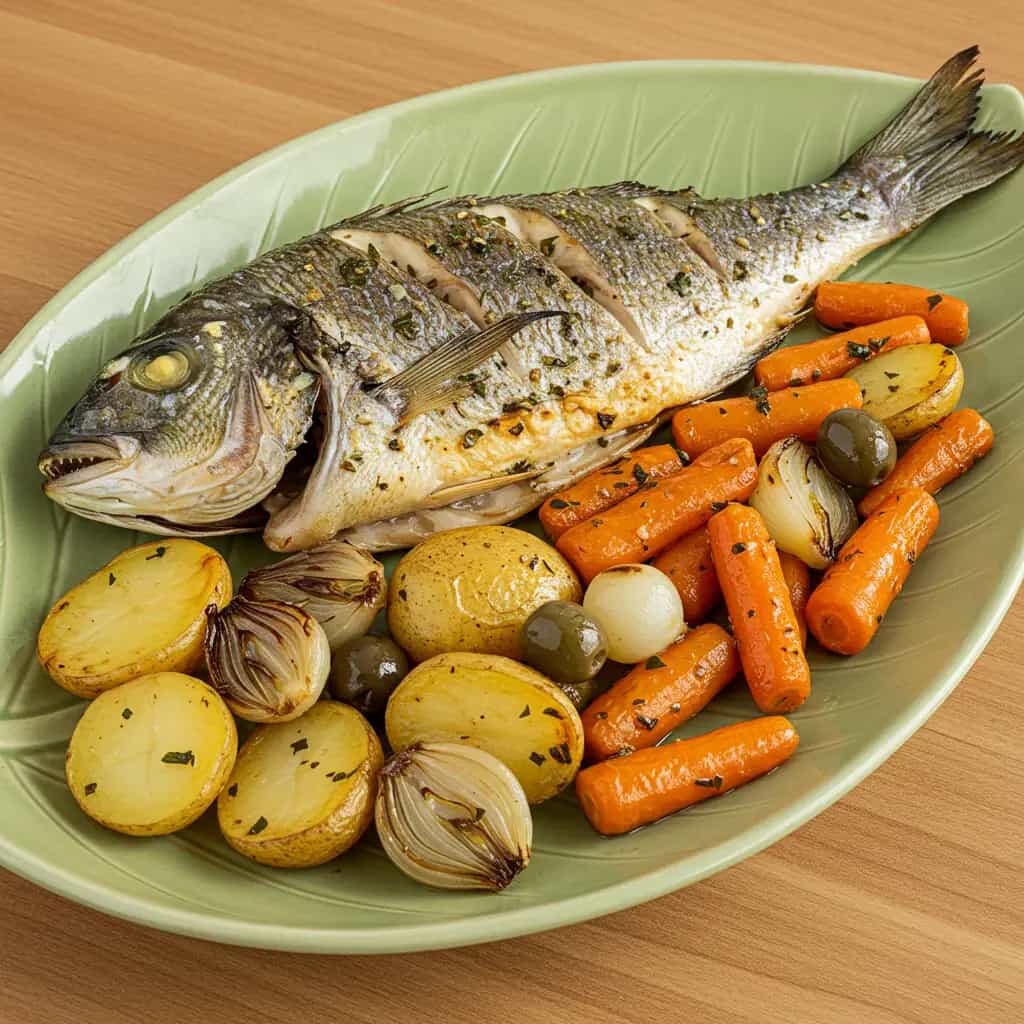 Corvina assada com legumes e molho de coentro