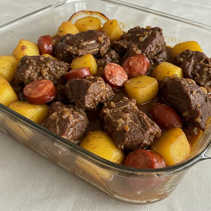 Foto deliciosa de Costela Bovina com Linguiça Calabresa e Bacon na Panela de Pressão pronta para servir - Carnes & Frango
