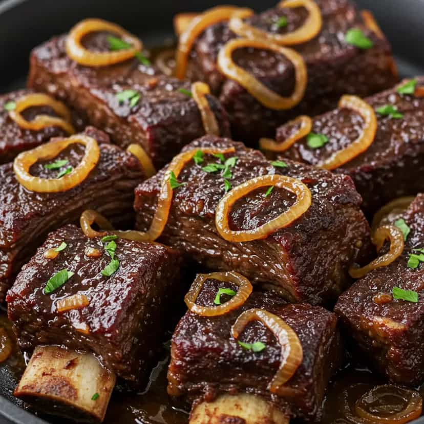 Foto deliciosa de Costela Bovina na Pressão com Molho de Cebola pronta para servir - Carnes & Frango