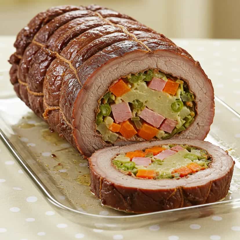 Foto deliciosa de Costela de Boi Recheada com Bacon e Cenoura pronta para servir - Carnes & Frango