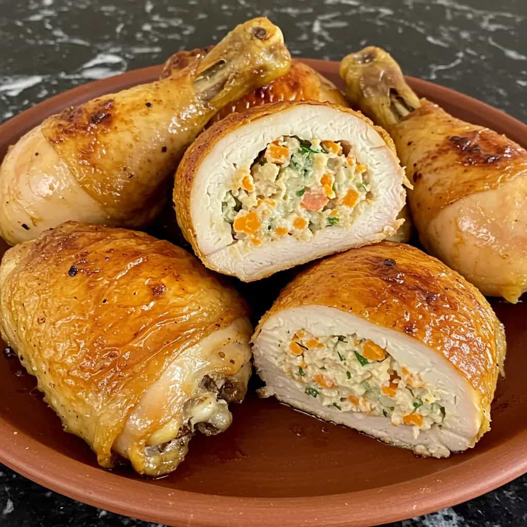 Coxas e Sobrecoxas Recheadas com Bacon e Calabresa