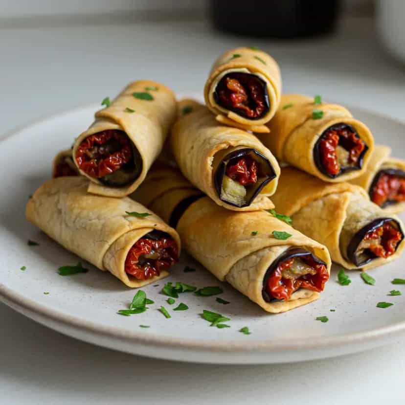 Foto deliciosa de Enroladinhos de Berinjela com Tomate Seco pronta para servir - Pizzas & Salgados