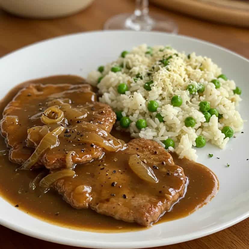 Foto deliciosa de Escalope ao molho madeira com arroz à piemontese pronta para servir - Carnes & Frango