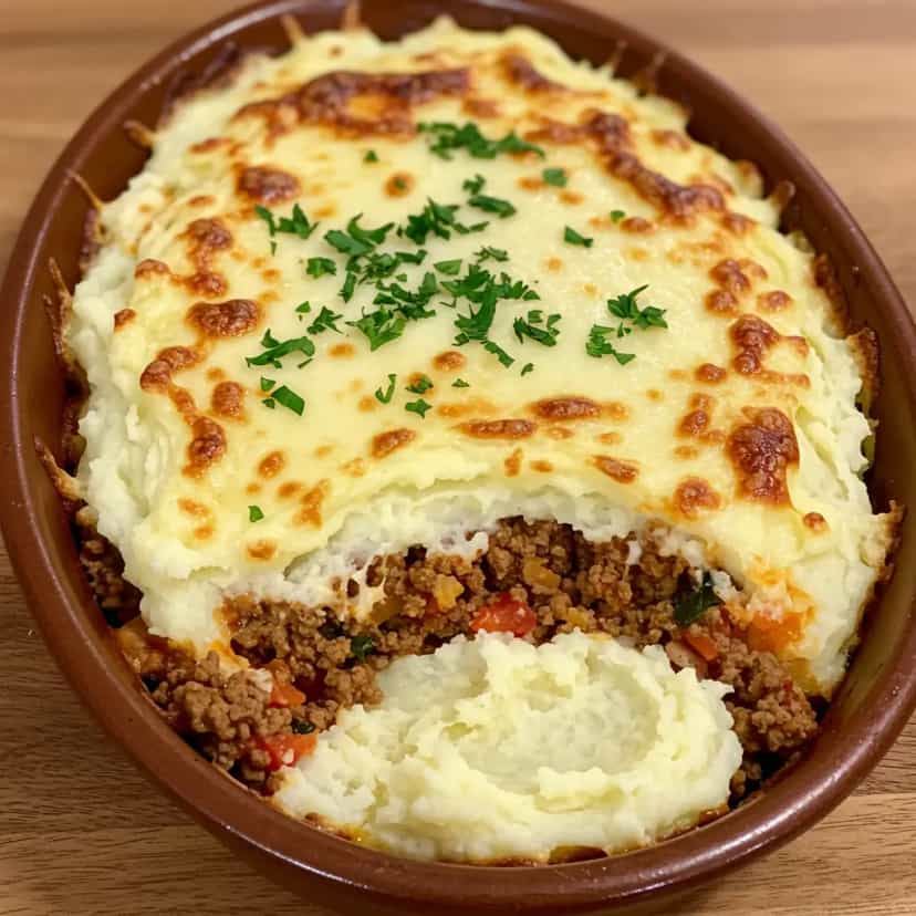 Foto deliciosa de Escondidinho de Carne Moída com Purê de Batata pronta para servir - Almoço & Jantar
