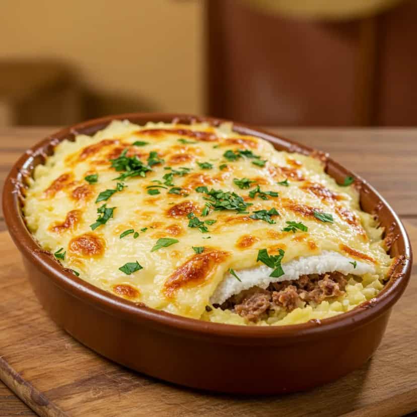 Foto deliciosa de Escondidinho de Carne Seca e Mandioca pronta para servir - Pratos Brasileiros Icônicos