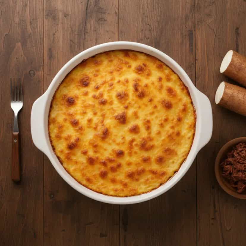 Foto deliciosa de Escondidinho de macaxeira com carne de sol pronta para servir - Pratos Brasileiros Icônicos