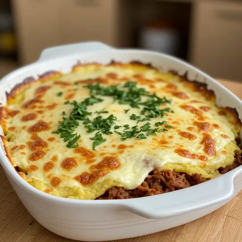 Foto deliciosa de Escondidinho de mandioca com carne seca pronta para servir - Pratos Brasileiros Icônicos