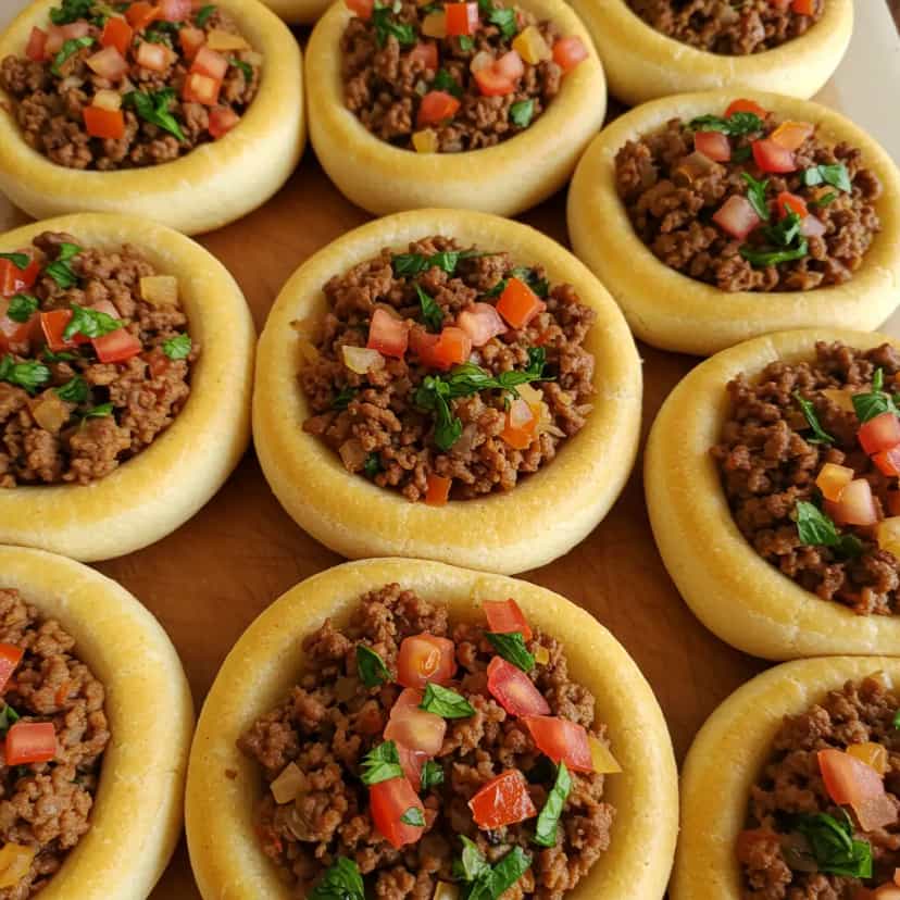 Foto deliciosa de Esfiha Aberta de Carne pronta para servir - Lanches de Padaria