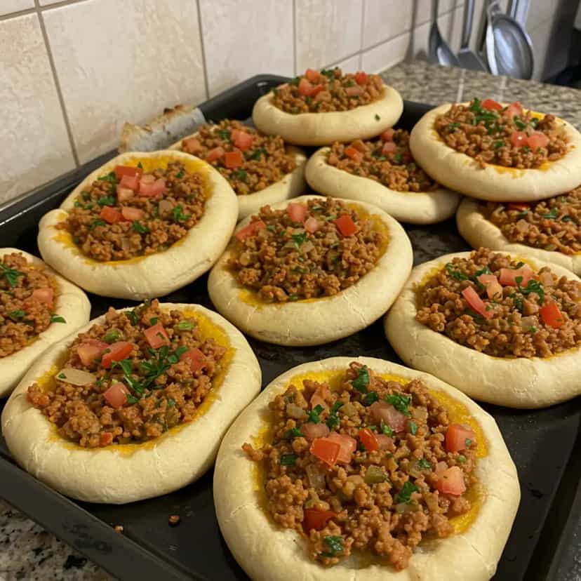 Foto deliciosa de Esfiha Aberta de Carne Suculenta pronta para servir - Lanches de Padaria