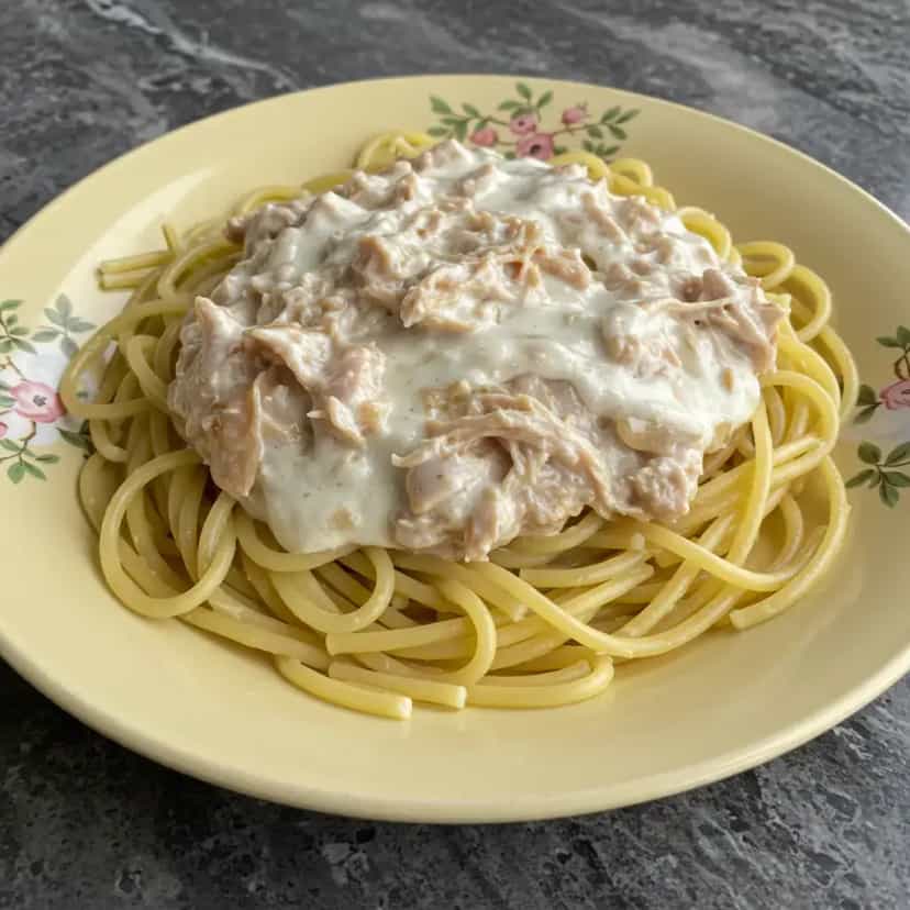 Foto deliciosa de Espaguete ao Molho Branco com Frango Desfiado pronta para servir - Massas & Macarrão