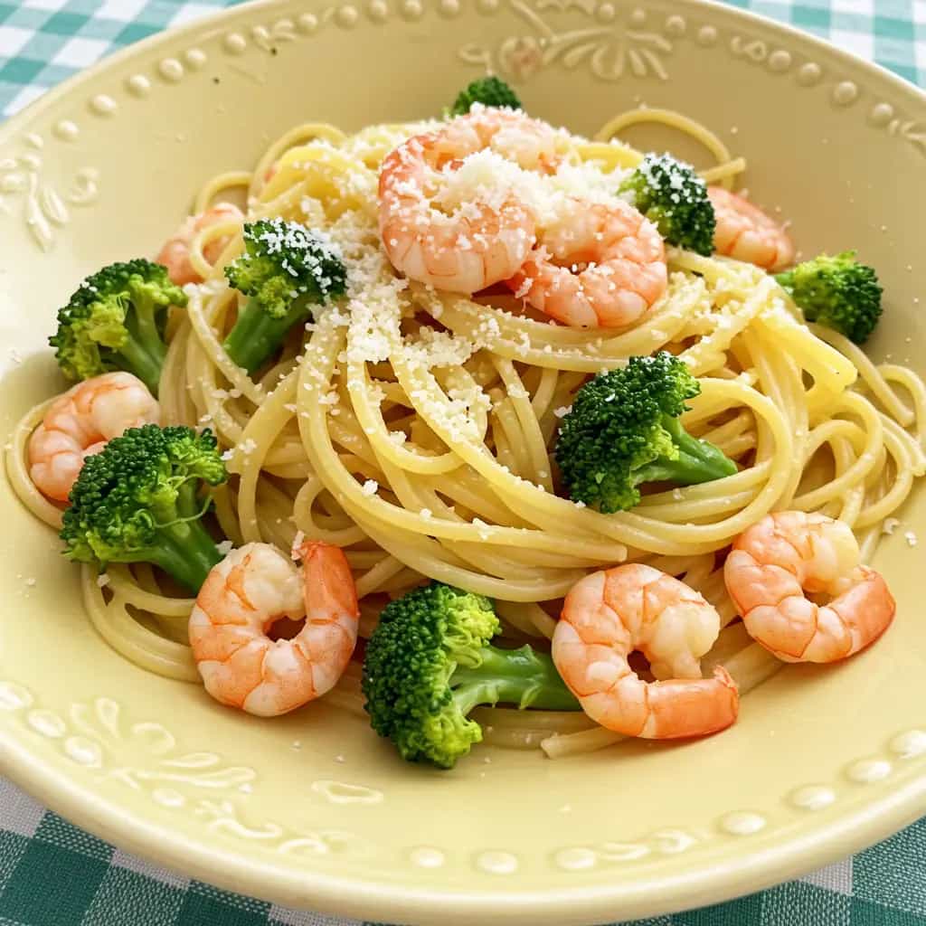 Espaguete com Camarão e Brócolis