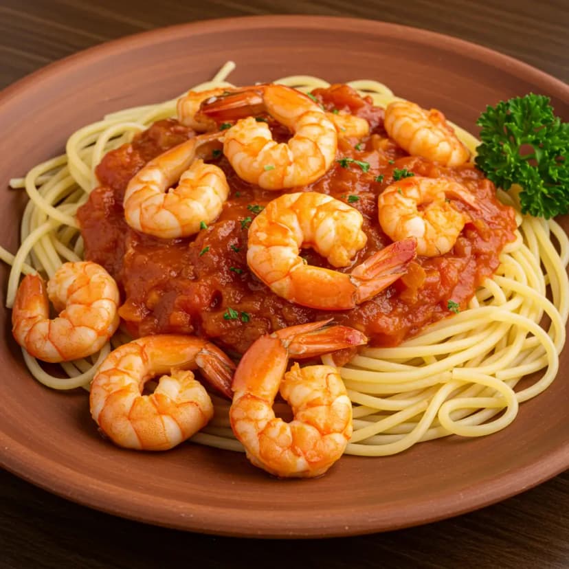 Espaguete com Camarões ao Molho de Tomate
