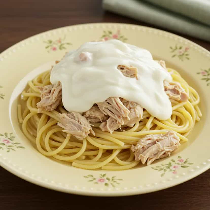 Foto deliciosa de Espaguete com Frango Desfiado ao Molho Branco pronta para servir - Massas & Macarrão