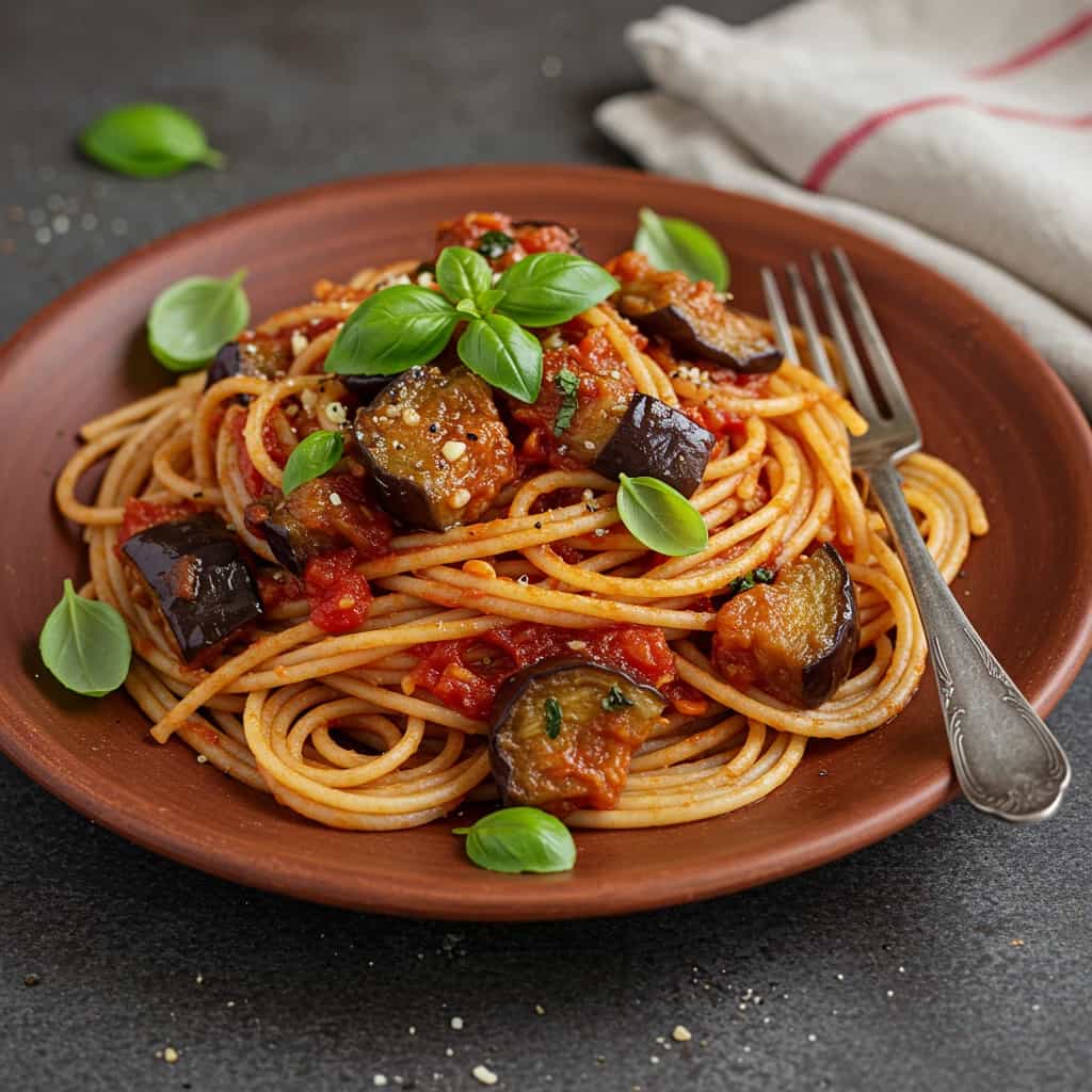 Espaguete cremoso com frango e berinjela