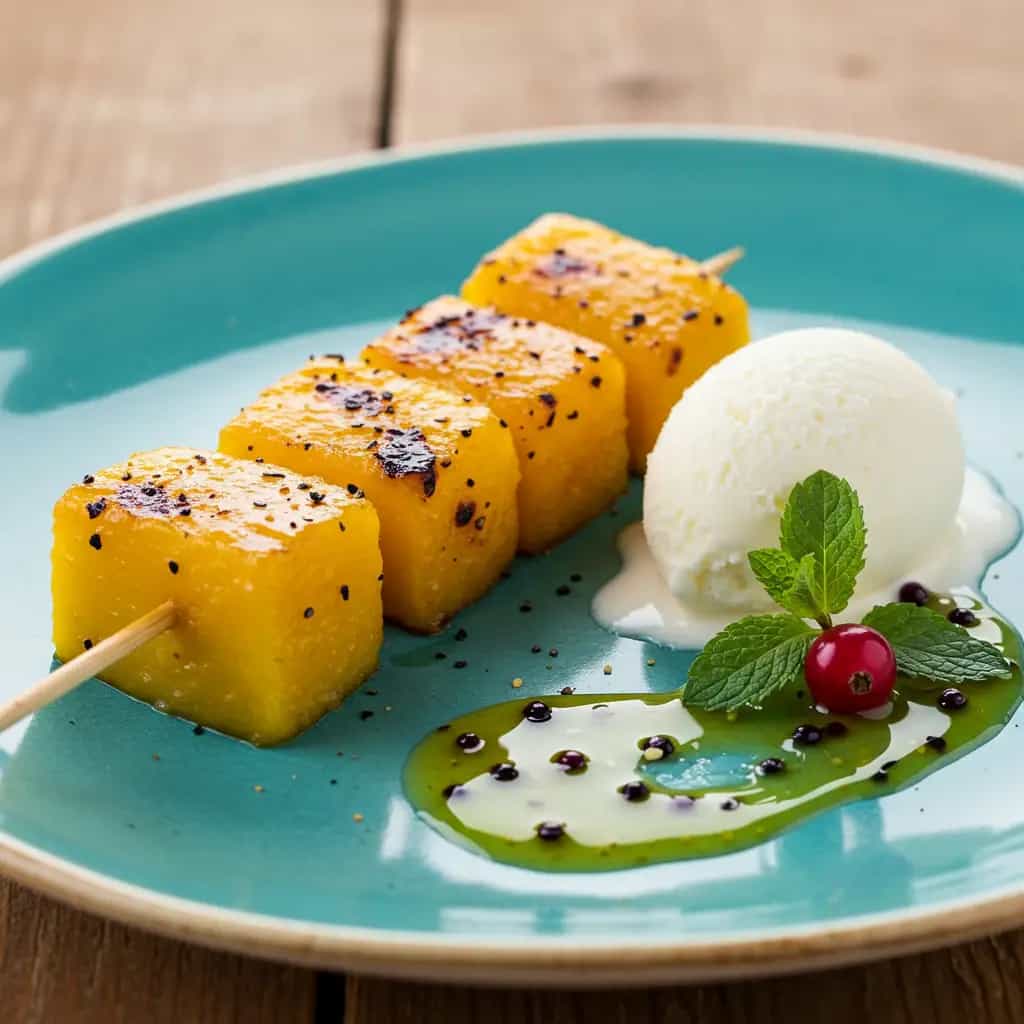 Espetinhos de Frutas Grelhadas com Calda de Maracujá e Mel