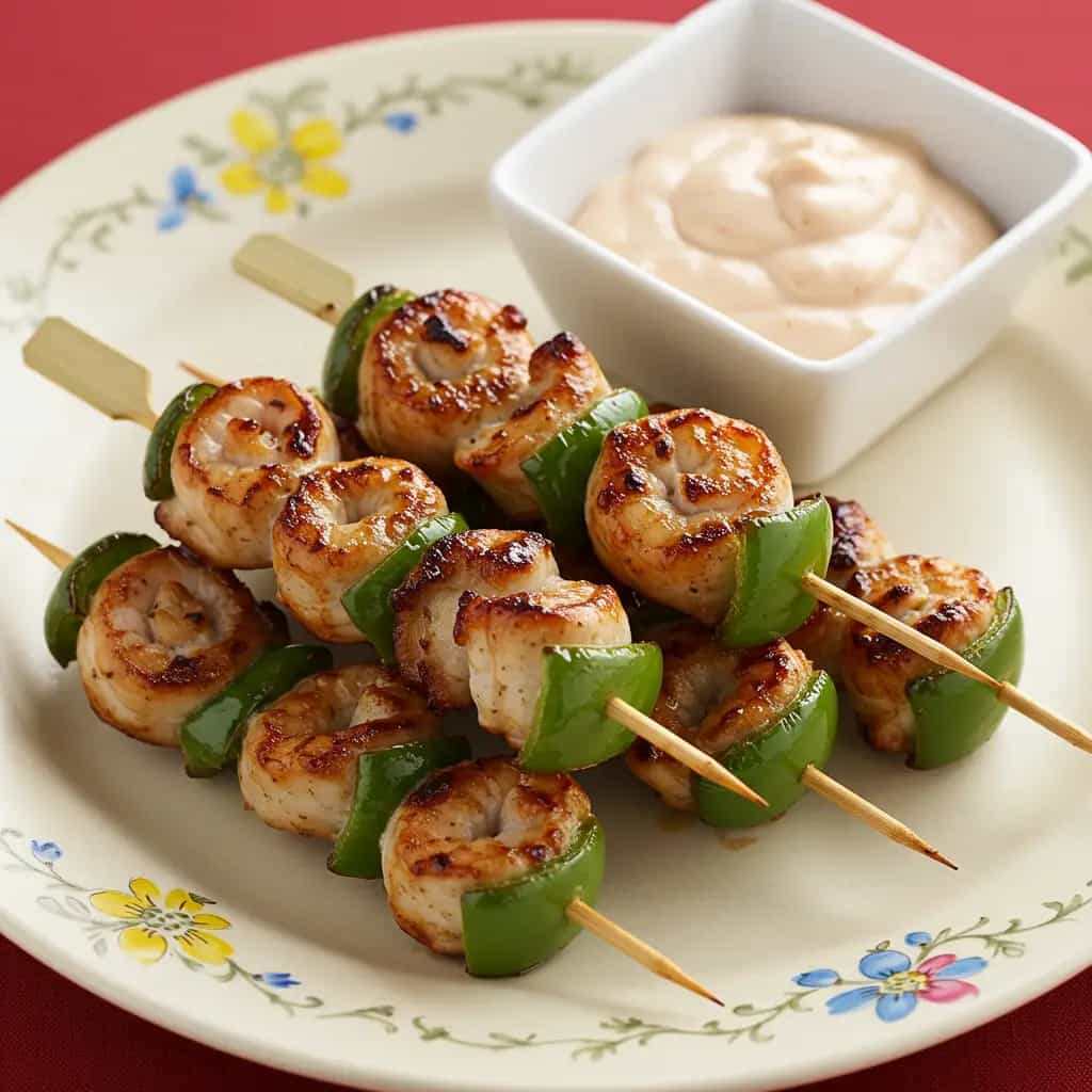 Espetinhos de Lula e Camarão com Pimentão