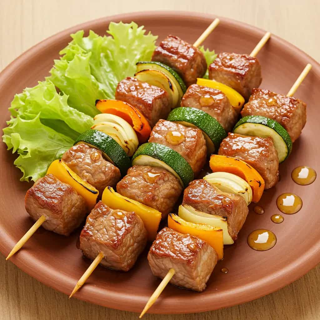 Espetinhos Misto Assados com Molho de Laranja e Balsâmico