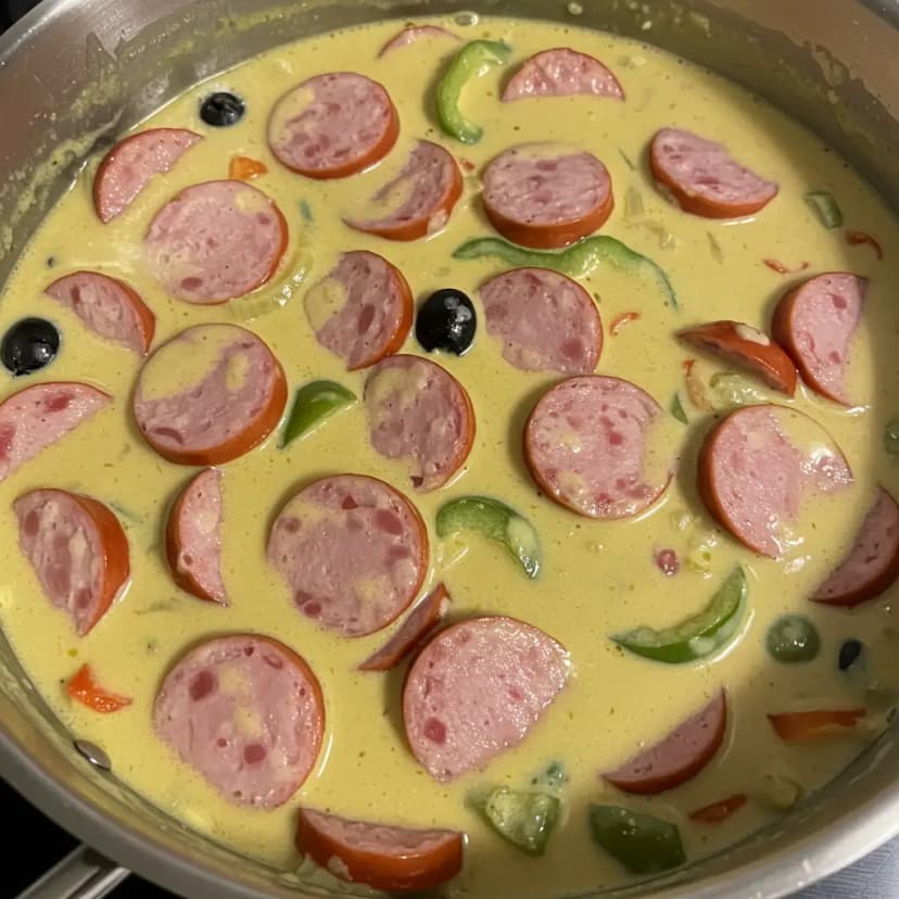 Estrogonofe de Salsicha com Azeitonas Pretas e Pimentão