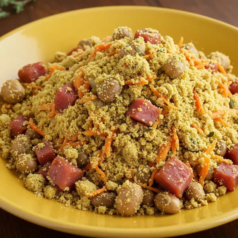 Foto deliciosa de Farofa de Feijão Catador com Linguiça e Torresmo pronta para servir - Pratos Brasileiros Icônicos