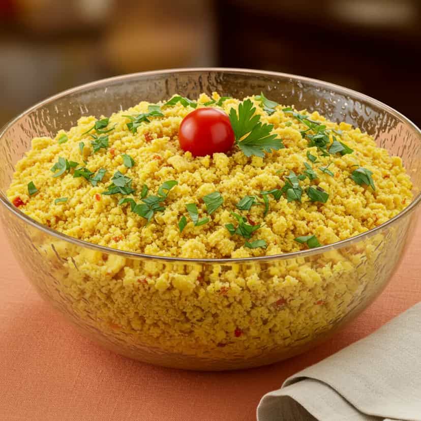 Foto deliciosa de Farofa Festiva de Banana e Queijo Coalho pronta para servir - Pratos Brasileiros Icônicos