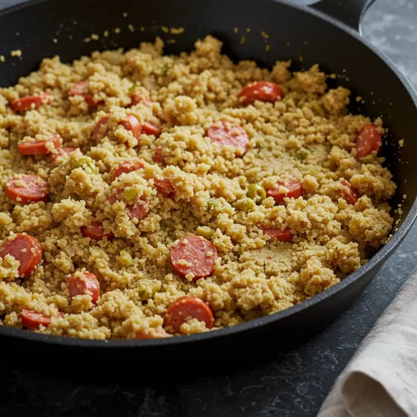 Foto deliciosa de Farofa Rápida de Proteína de Soja com Salsicha pronta para servir - Outras Receitas