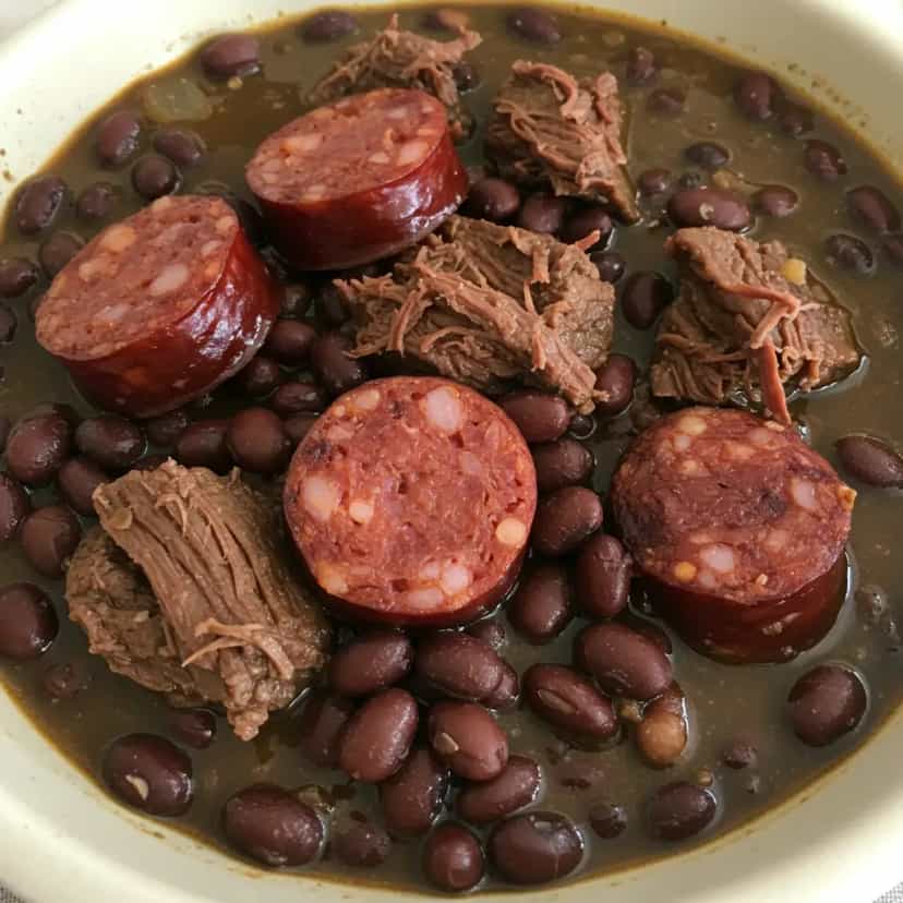 Foto deliciosa de Feijão Preto com Calabresa e Charque pronta para servir - Pratos Brasileiros Icônicos