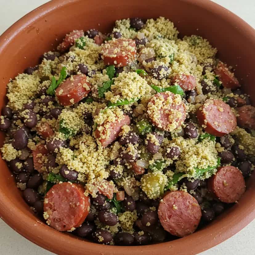 Foto deliciosa de Feijão Tropeiro Capixaba com Linguiça Defumada pronta para servir - Pratos Brasileiros Icônicos