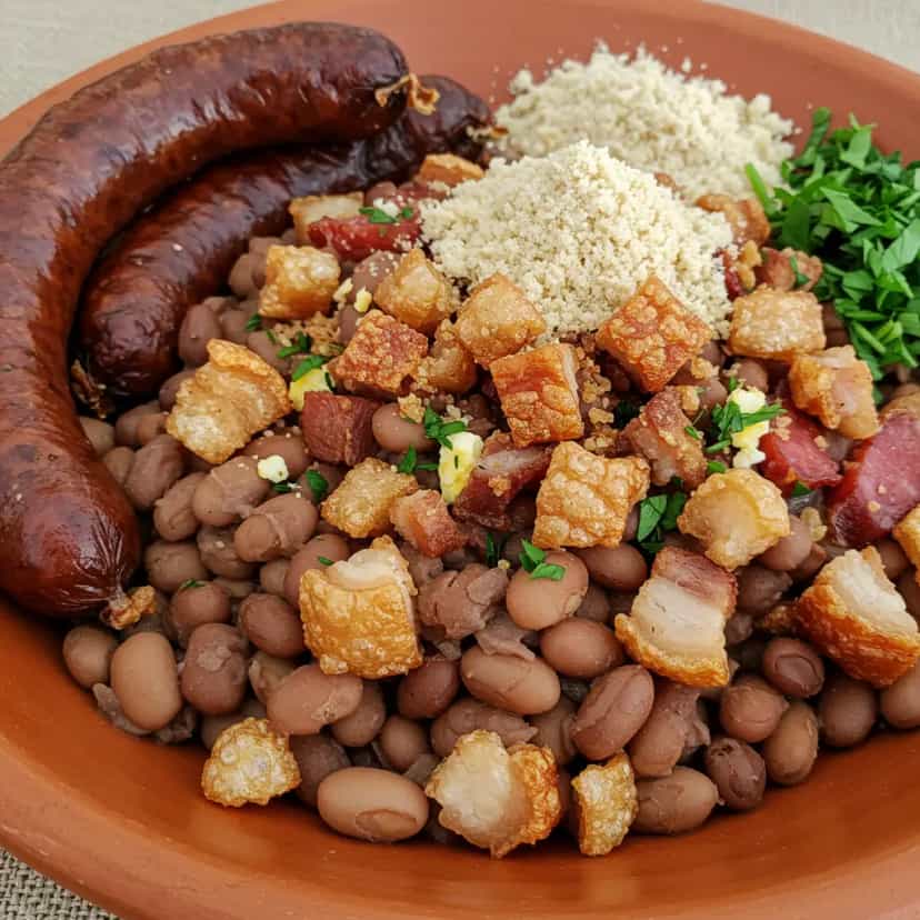 Foto deliciosa de Feijão Tropeiro com Torresmo Crocante pronta para servir - Pratos Brasileiros Icônicos
