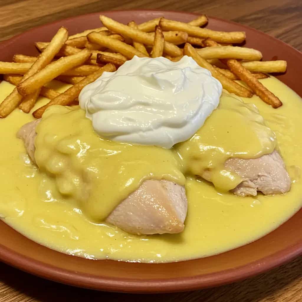 Filé de Frango ao Creme de Cebola com Requeijão e Batata Palha