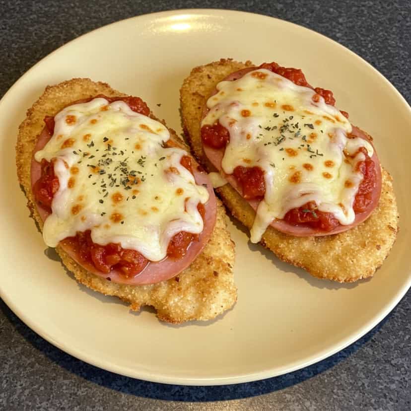 Foto deliciosa de Filé de Frango Empanado com Molho de Tomate e Mussarela pronta para servir - Carnes & Frango