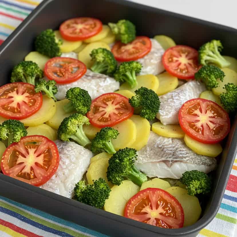 Foto deliciosa de Filé de Peixe ao Forno com Batata e Brócolis pronta para servir - Peixes & Frutos do Mar