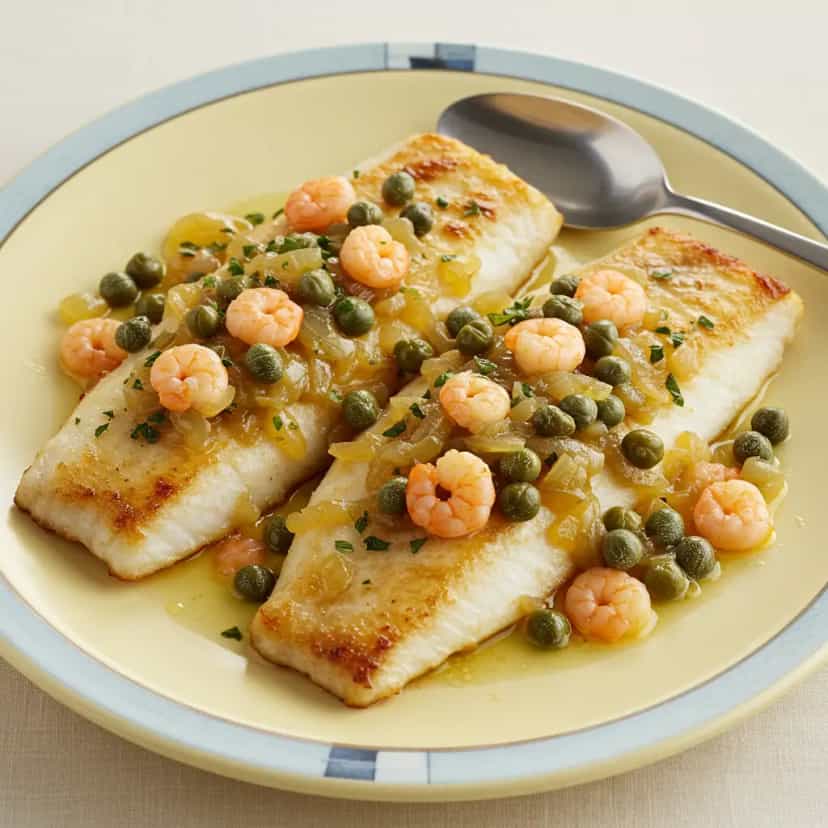 Foto deliciosa de Filé de Peixe ao Molho de Alcaparras e Camarão pronta para servir - Peixes & Frutos do Mar