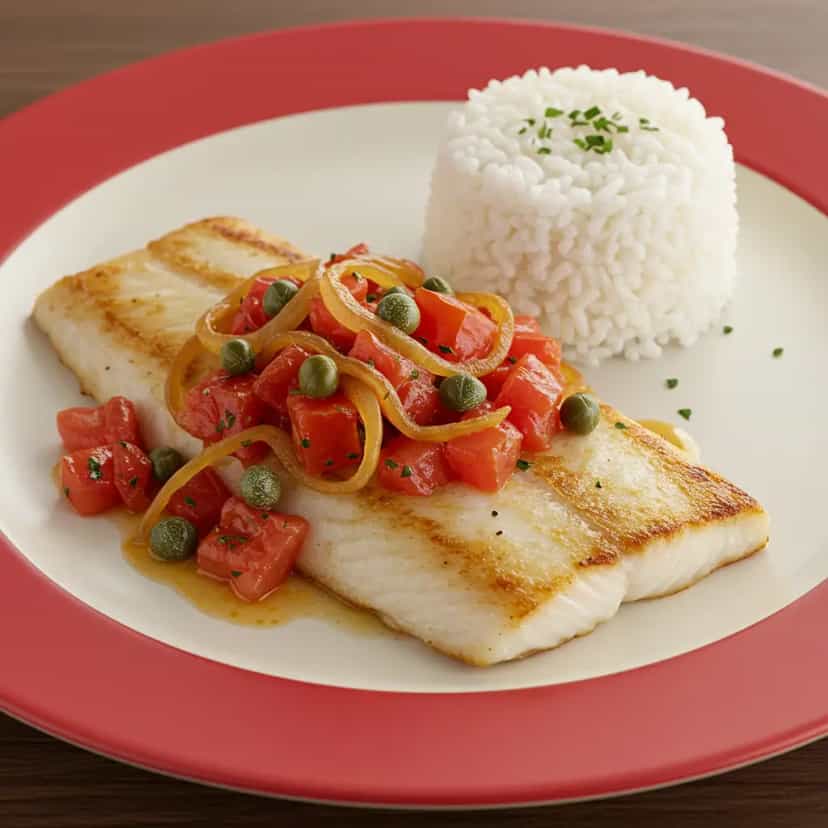 Foto deliciosa de Filé de Salmão ao Molho de Alcaparras e Tomate pronta para servir - Peixes & Frutos do Mar