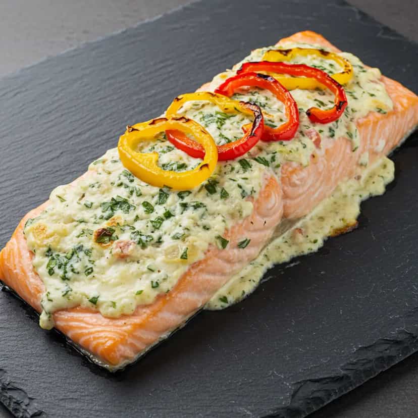 Foto deliciosa de Filé de Salmão Recheado com Camarão pronta para servir - Peixes & Frutos do Mar