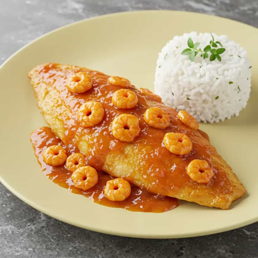 Foto deliciosa de Filé de Tilápia ao Molho de Camarão com Queijo Mussarela pronta para servir - Peixes & Frutos do Mar
