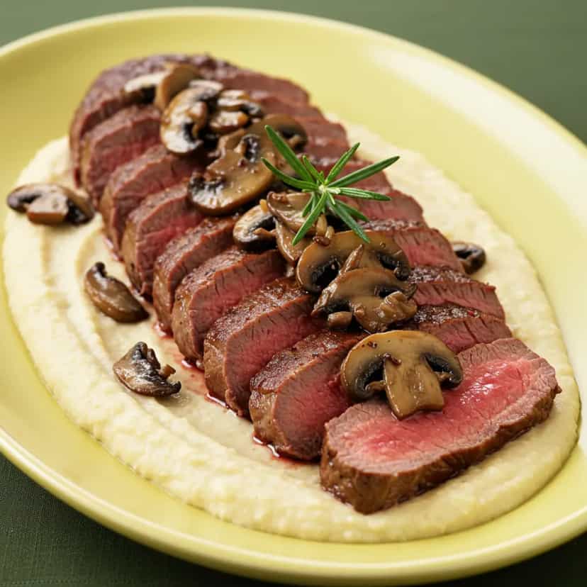 Foto deliciosa de Filé Mignon ao Molho de Cogumelos com Purê de Castanhas pronta para servir - Carnes & Frango