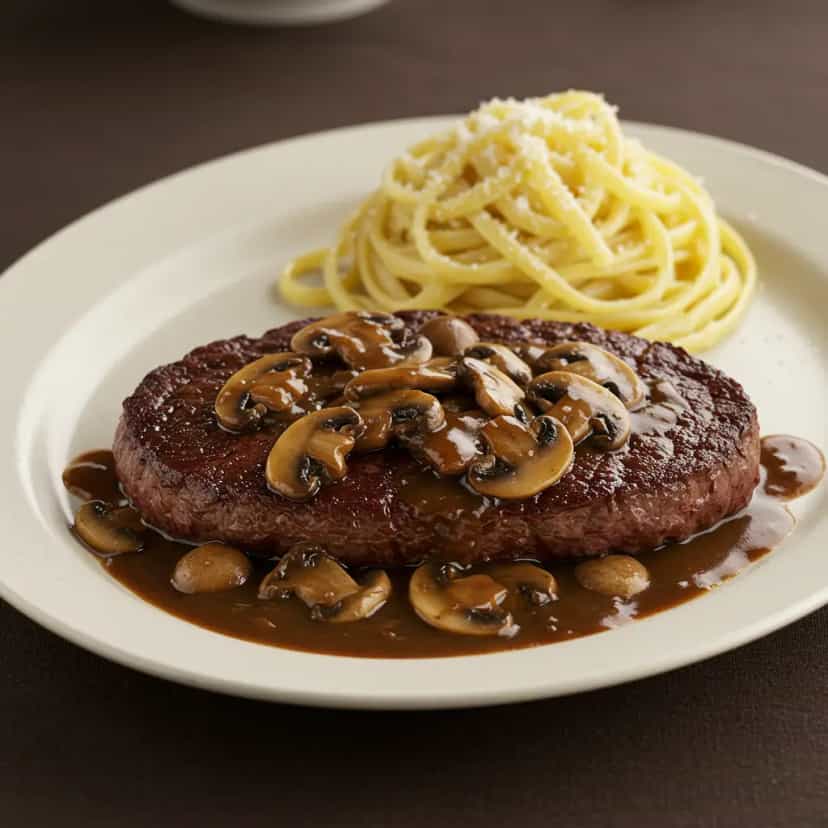 Foto deliciosa de Filé Mignon ao Molho Madeira com Fettuccine pronta para servir - Carnes & Frango