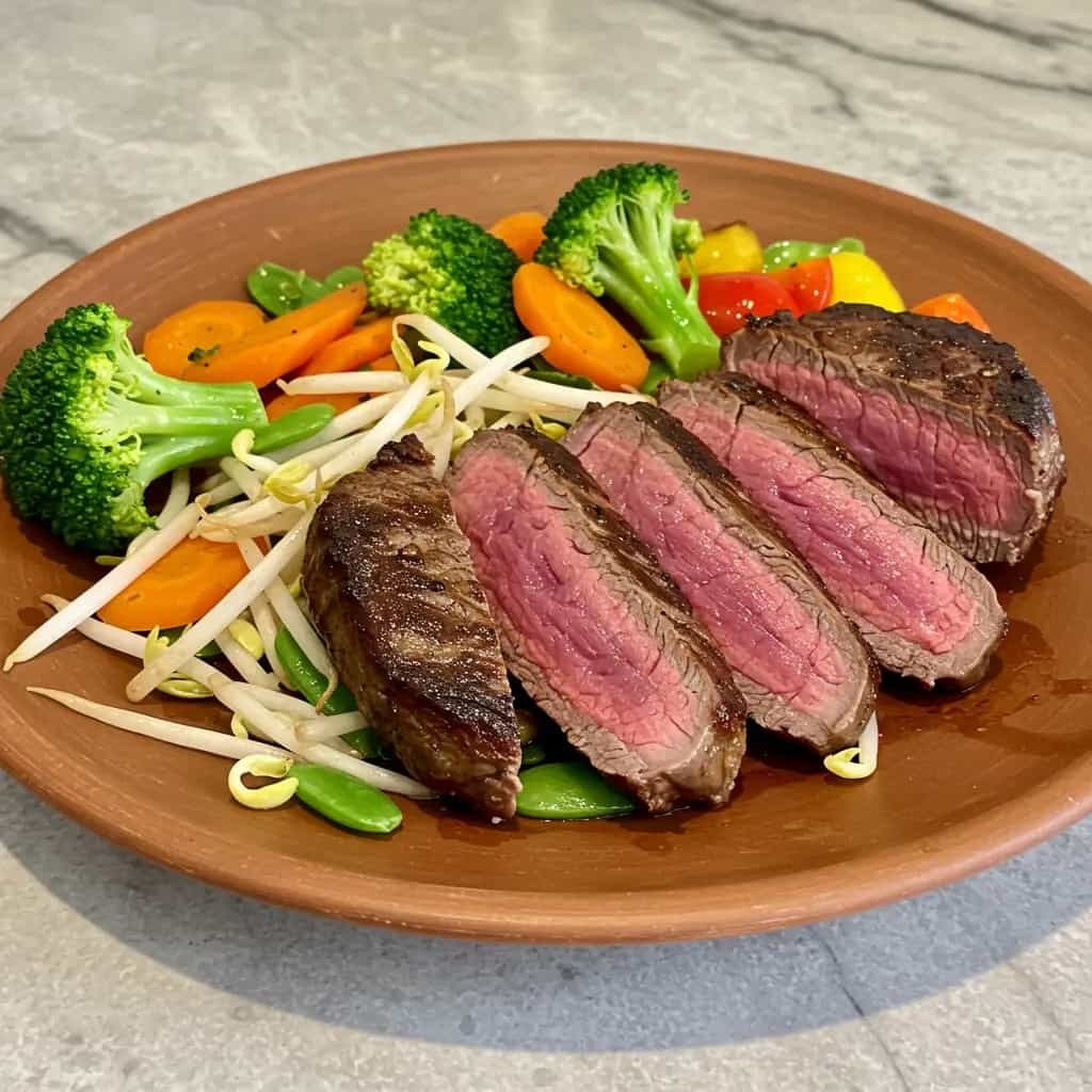 Filé Mignon com Brotos de Feijão e Legumes Salteados