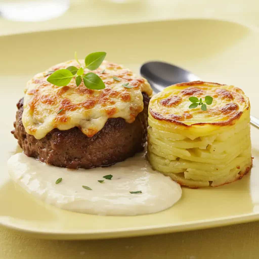 Filet Mignon ao Parmesão com Molho Gorgonzola e Gratin de Batata