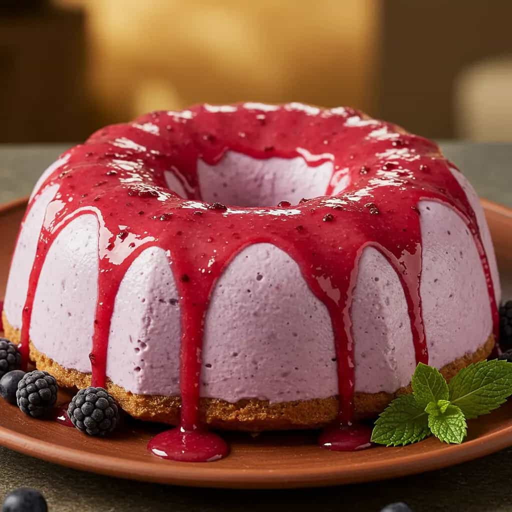 Flan cremoso de amoras com calda brilhante