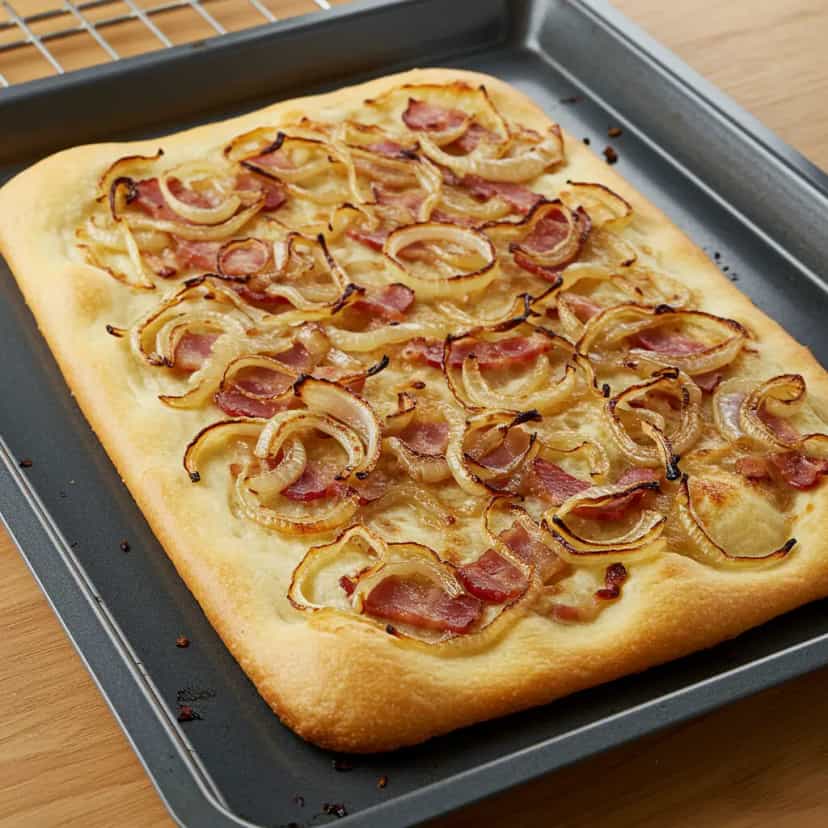Foto deliciosa de Focaccia com Bacon, Tomate Cereja e Cebola pronta para servir - Lanches de Padaria