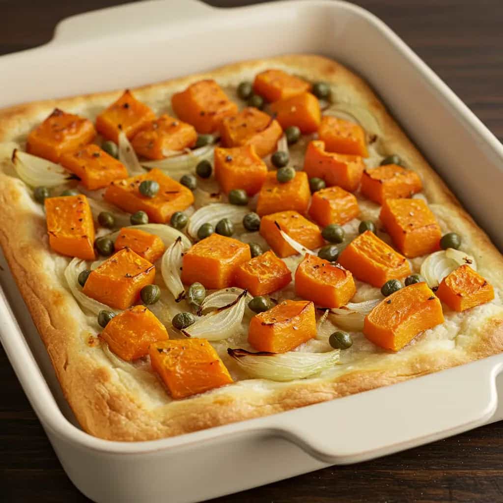 Focaccia Integral com Abóbora, Cebola e Alcaparras: receita caseira