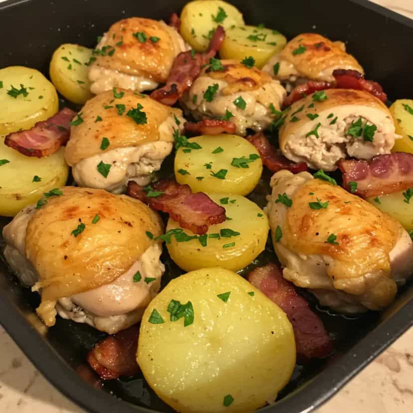 Foto deliciosa de Frango à Passarinho Assado com Batatas e Bacon pronta para servir - Carnes & Frango