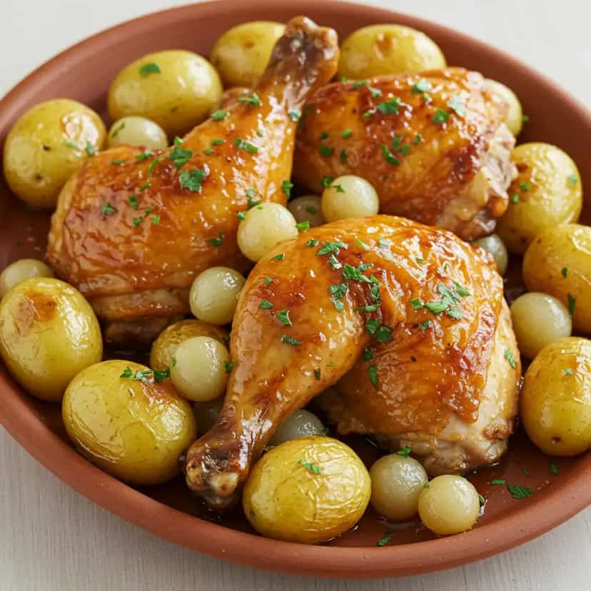 Foto deliciosa de Frango Assado com Batata e Cebola ao Molho de Vinho pronta para servir - Carnes & Frango