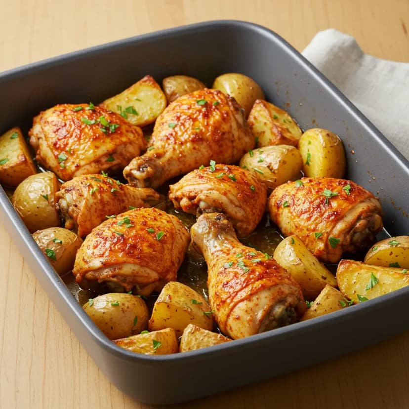 Frango assado com batatas ao colorau