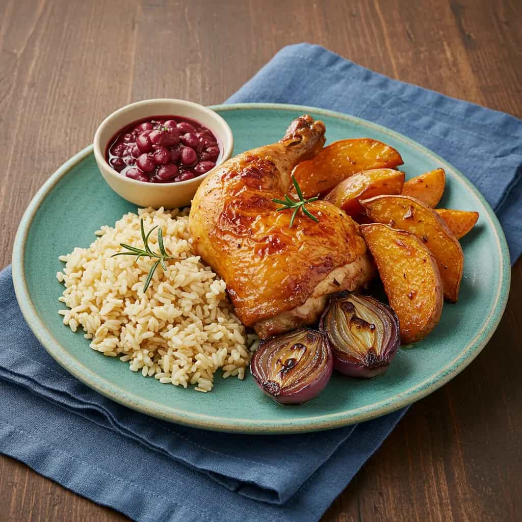Frango Assado com Cebolas Caramelizadas e Molho de Laranja