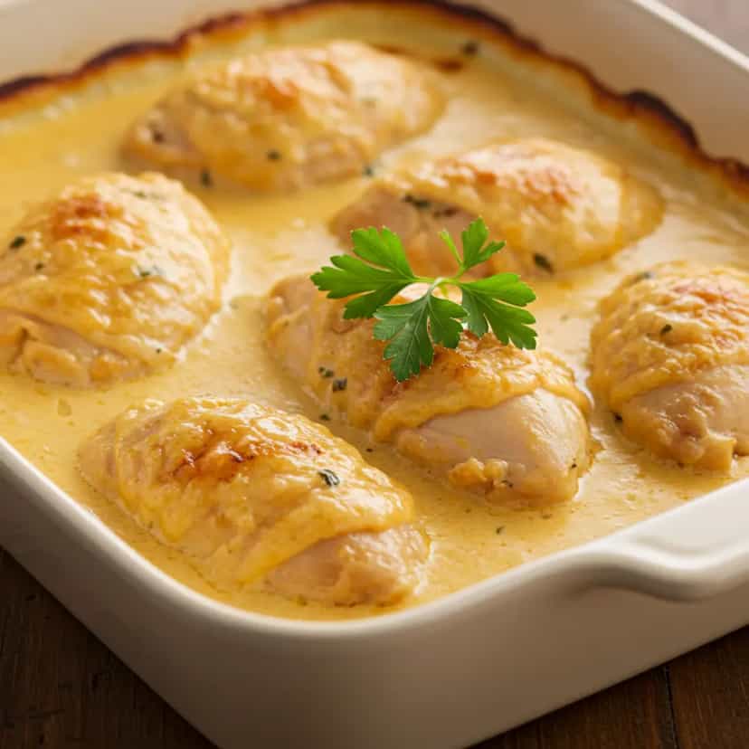 Foto deliciosa de Frango assado cremoso com queijo parmesão pronta para servir - Carnes & Frango